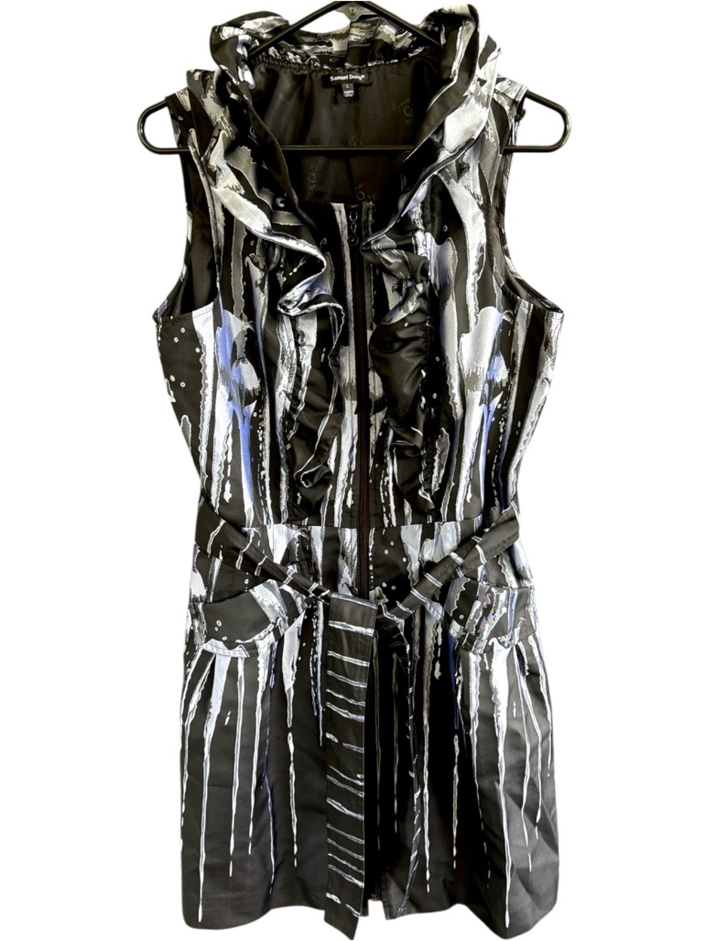 EUC Samuel Dong Zip Front Sleeveless Wired Ruffles Dress Black Silver Size Large